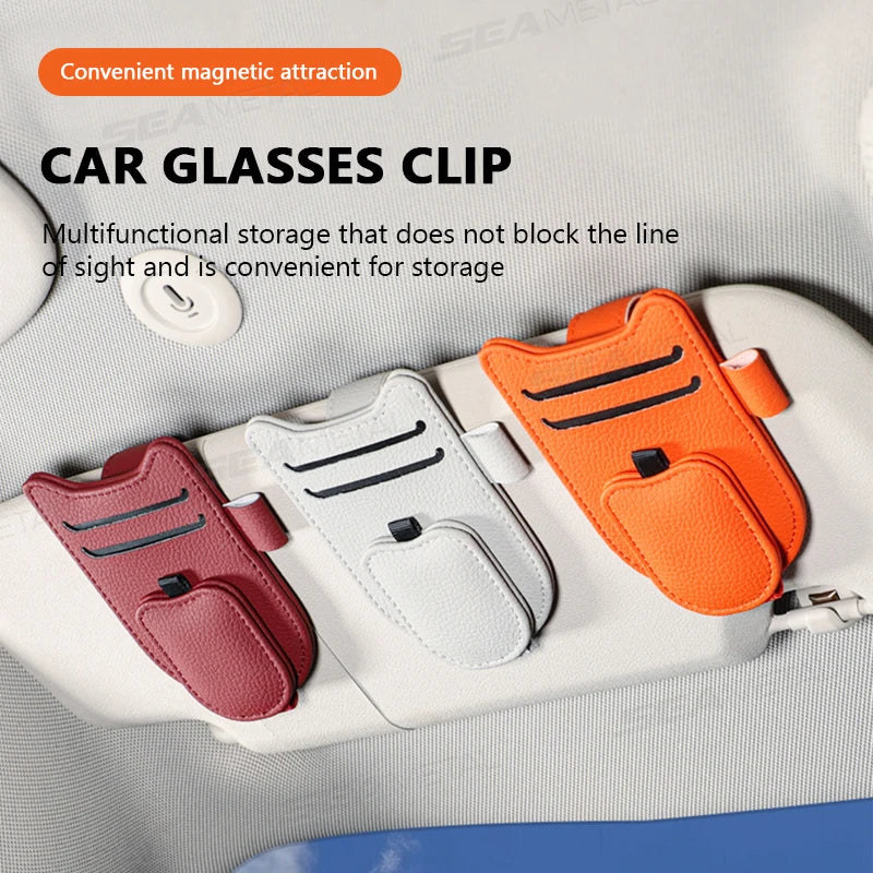 Car Sun Visor Glasses Holder Magnetic Eyeglasses Hanger Clip Luxury Leatherette Car Sunglasses Holder Mount Universal
