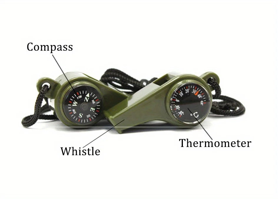 3-in-1 Emergency Survival Whistle with Compass Thermometer For Camping Hiking Outdoor Adventures Durable Metal Construction