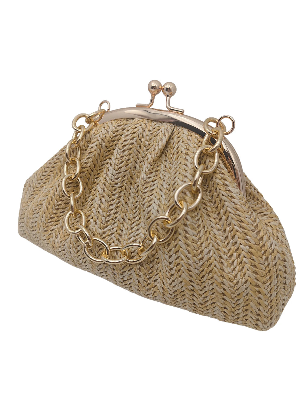 2026 new vacation straw women clutch, light brown herringbone textured pleated cloud bag shape. Rose gold bead metal frame buckl