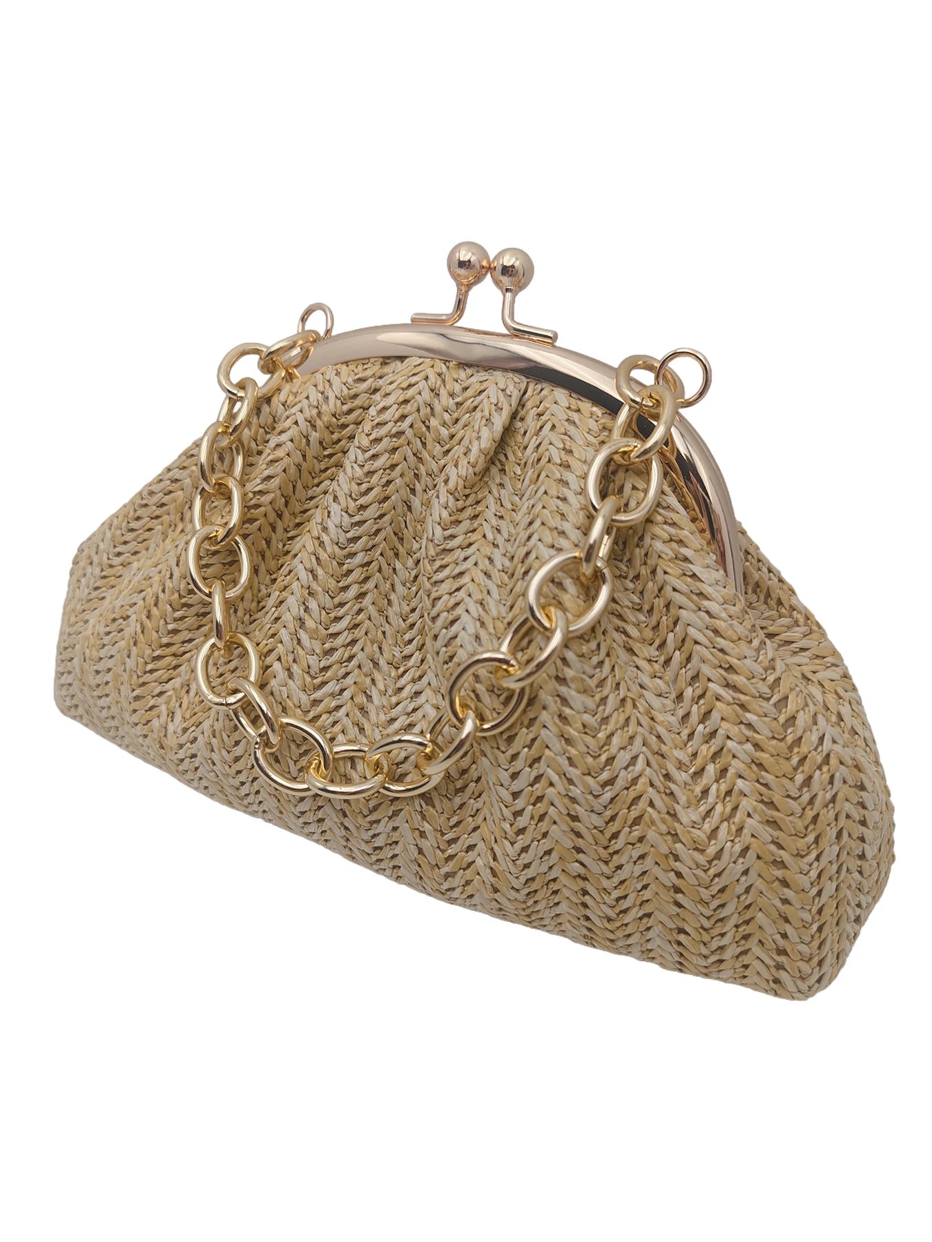 2026 new vacation straw women clutch, light brown herringbone textured pleated cloud bag shape. Rose gold bead metal frame buckl