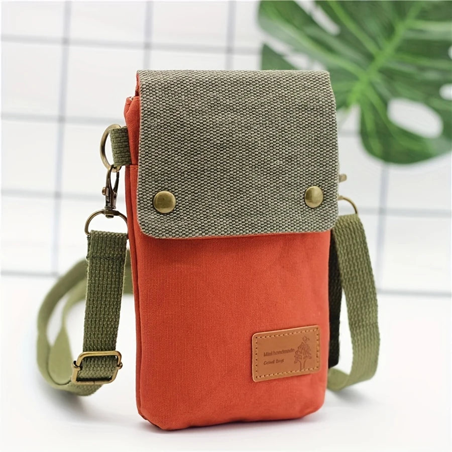 New solid-color canvas 3-layer cross-body phone bag - simple fabric women's bag with a trendy style