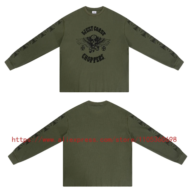 Men's Women's Casual Wear Vintage Style Gothic Font West Coast Long Sleeve Heavyweight Waffle Fabric Unisex High Street Top
