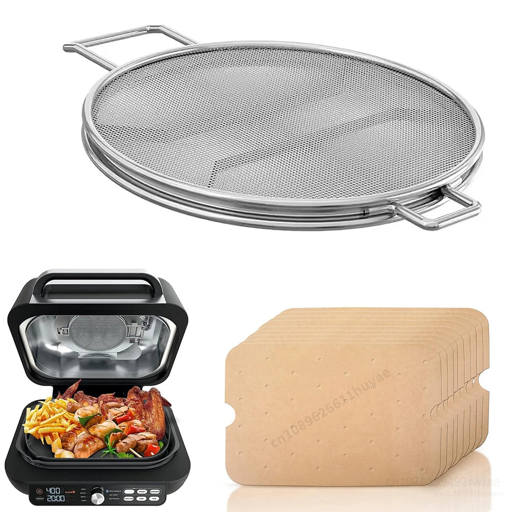 Splatter Shield and 50Pcs Grill Mat for Ninja Foodi IG651, IG600, IG601, Replacement Parts Splatter Screen Air Fryer Accessories