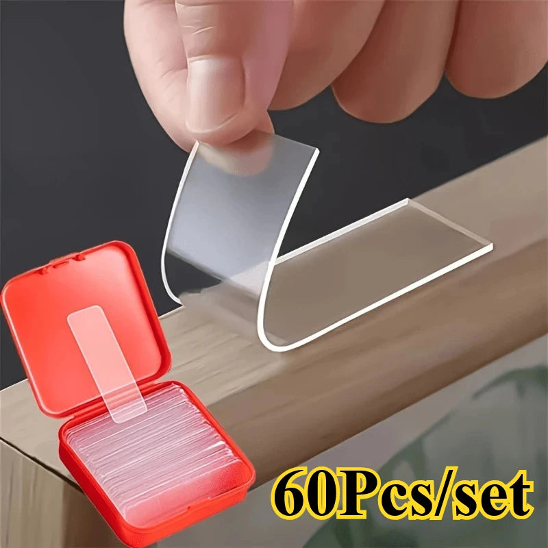 60Pcs/Box Double Sided Mounting Sticky Wall Strips, Clear Mounting Strong Sticky Wall Strips Transparent Tape Without Cropping