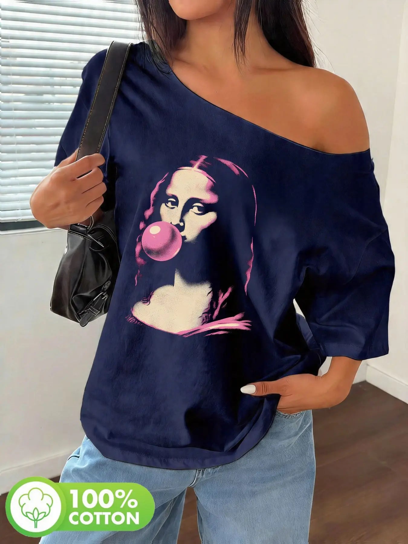 Large Pink Art Mona Lisa Bubble Gum Printed T-shirt with Large Y2K Style Pattern for Women's Top, Summer Off Shoulder Top