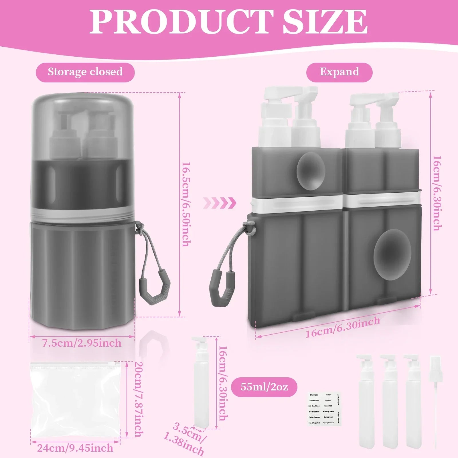 4 in 1 Travel Toiletry Container Portable Leak Proof Dispenser Bottle with Suction Cup for Shampoo Conditioner Body Wash Lotion