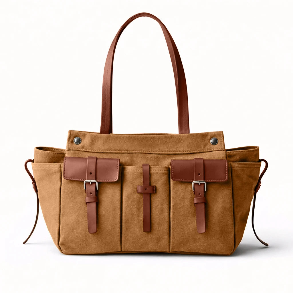 Luxury Canvas Leather Multi-Pocket Tote Bag,Women Zipper Closure Vintage Shoulder Bag,Motorcycle Biker Style Handbag,Lightweight
