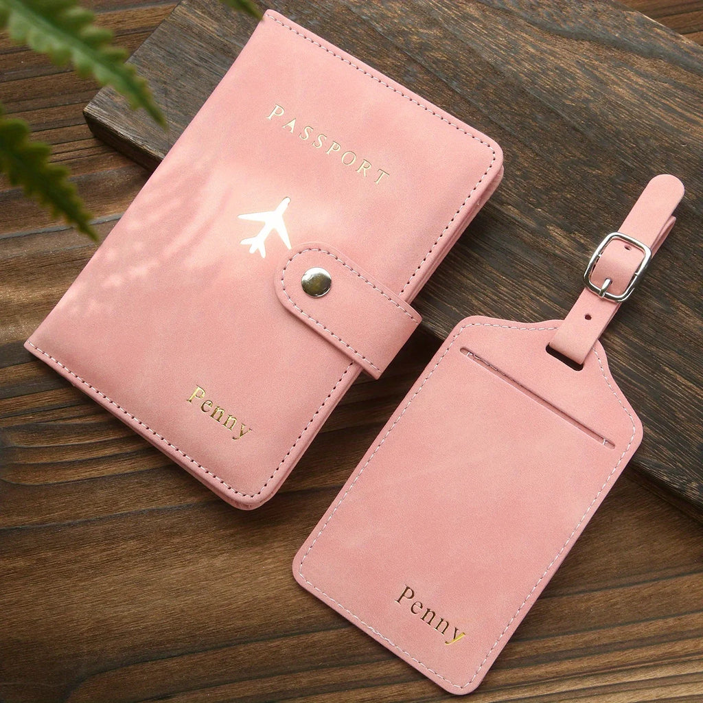 Custom Hot Stamping Name Passport Holder & Luggage Tag Customized Golden Monogram Name Textured Synthetic Leather Passport Cover