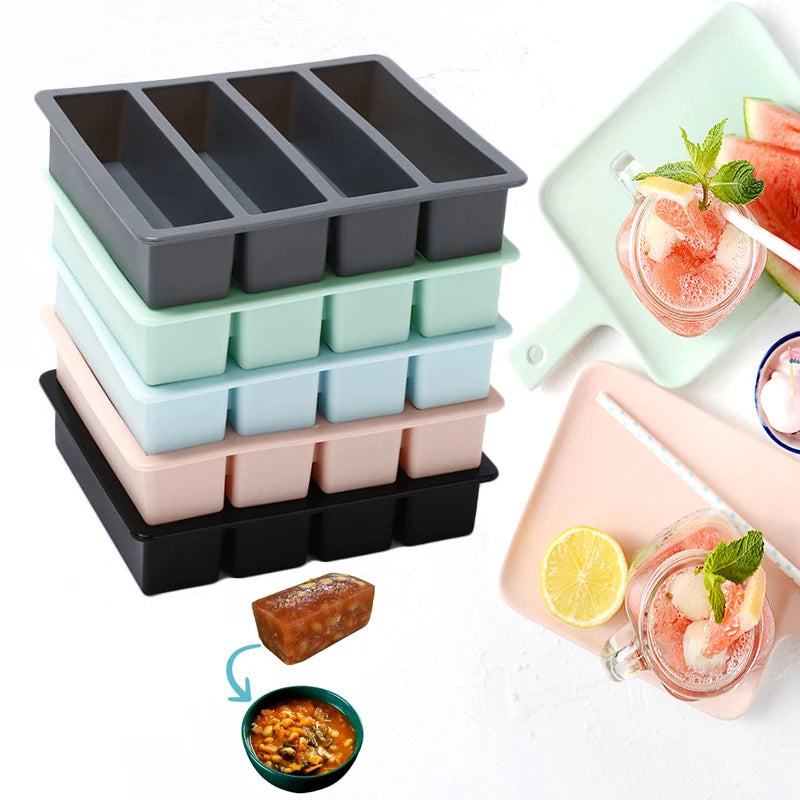 1Pc Extra Large Silicone Freezer Trays Giant 4 Cubes Food Molds With or Without Lid for Soup Meal Sauce Food Storage Ice Cube