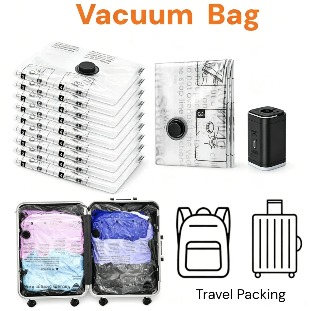 Reusable Vacuum Storage Bags, Travel Suitcases Essentials Compression Pack Bags Space Saver Sealing Bag, Clothes Vacuum Organize