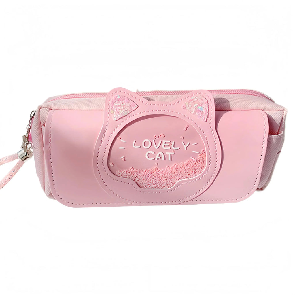 Cute Cat Head Quicksand Pencil Case Exquisite Large Capacity Three-Layer Classification Storage Bag with Handle Purple Pink Blue