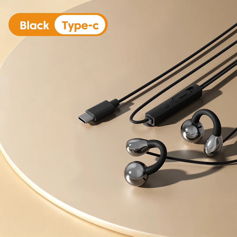 3.5MM/Type C Wired Headphones With Microphone HiFi Sound Ear Clip Wired Earphones Sports Headsets for iphone 15 16 17 Samsung
