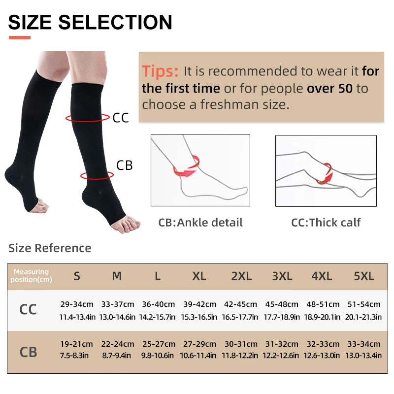 Plus Size 34-46mmHg Medical Compression Stockings Unisex Grade 3 Open Toe Socks Varicose Veins Treatment Graduated Pressure