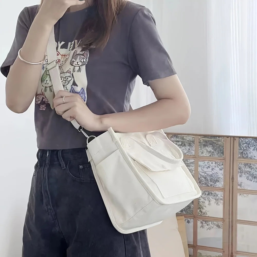 Small Canvas Crossbody Bag with Pockets Cute Women's Shoulder Purse Handbag for Office Work Lunch Bag Eco-Friendly Tote