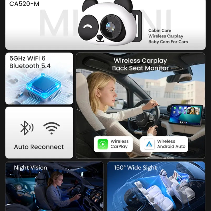 VIKEFON Cabin Care Wireless CarPlay Adapter 1080P HD Baby Car Camera 150° Wide-angle Night Vision split-screen Backseat Monitor