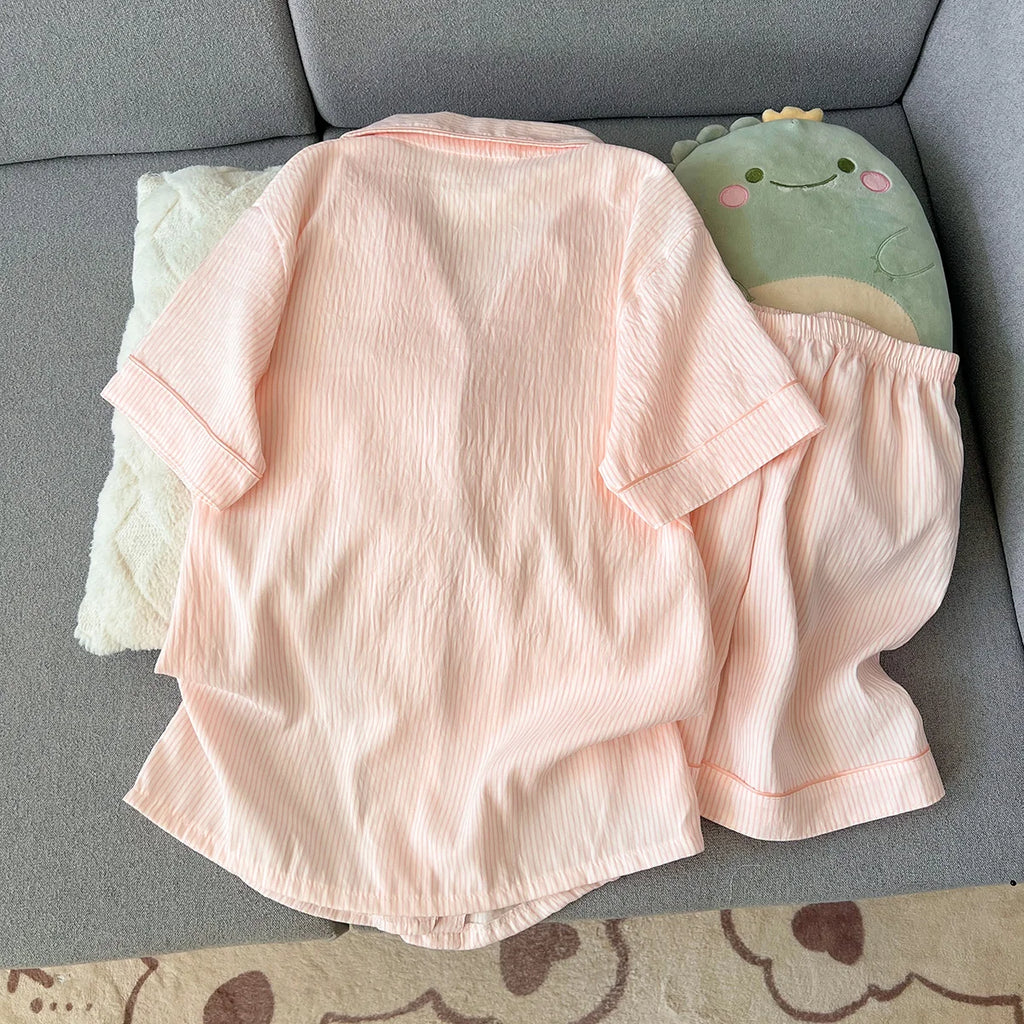 Women's Summer Pajamas, Thin Striped Pattern Short-Sleeved Shorts, Sweet and Cute, Can Be Worn Outside in Summer, Two-Piece Home Wear Set