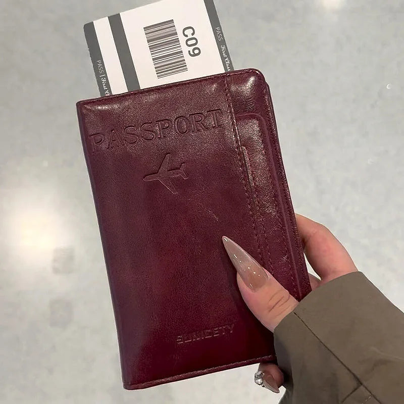 Men Women Leather Passport Holder Cover RFID Blocking Travel Wallet Passport Case with Pen Holder Dual SIM Card Slots