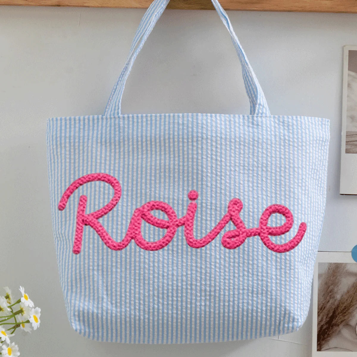 Custom Seersucker Cosmetic Handbag and Travel Organizer — Personalized Chenille Letter Toiletry Bag and Summer Beach Tote