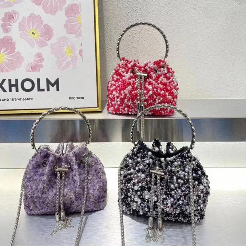 Wedding Party Bucket Purse Metal Ring Handle Women's Handbag Shoulder Messenger Bag