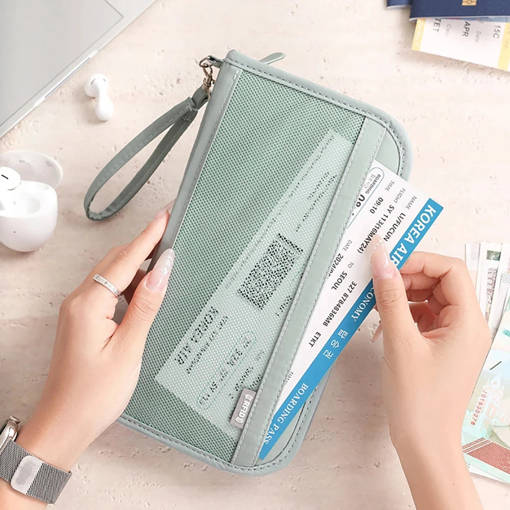 RFID Blocking Passport Holder Travel Document Organizer with Wrist Strap Multifunctional Zippered Wallet for Airline Tickets Car
