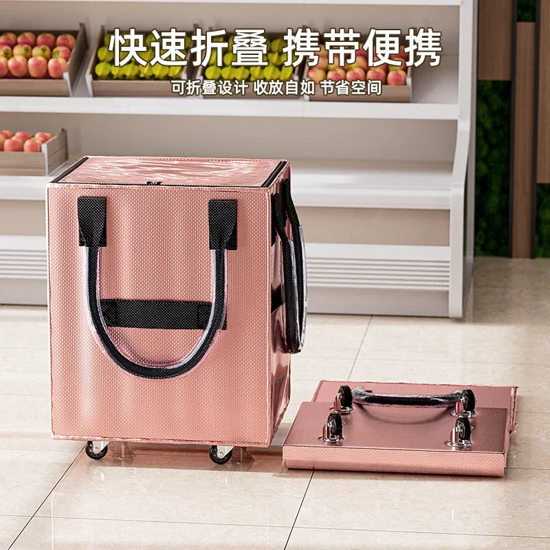 Foldable Wheeled Rolling Shopping Bag Long Handle Large Capacity Portable Collapsible Tote for Travel Shopping Outdoor Business