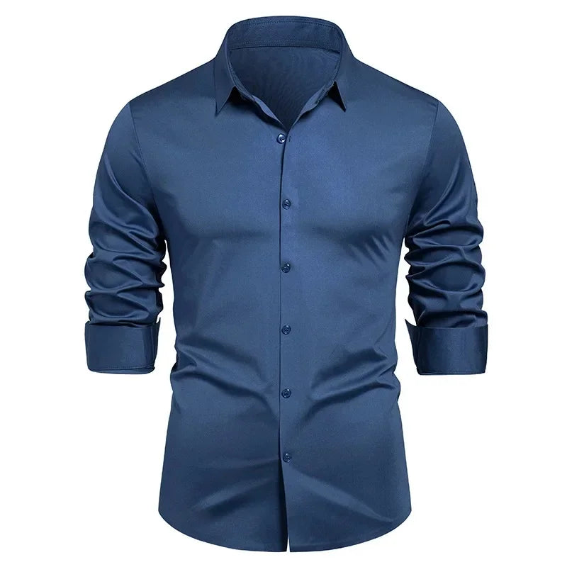 High-end Formal Work Shirts Men Spring Autumn Long Sleeve Elastic Shirt Anti-wrinkle Free Ironing Business Comfort Slim Workwear