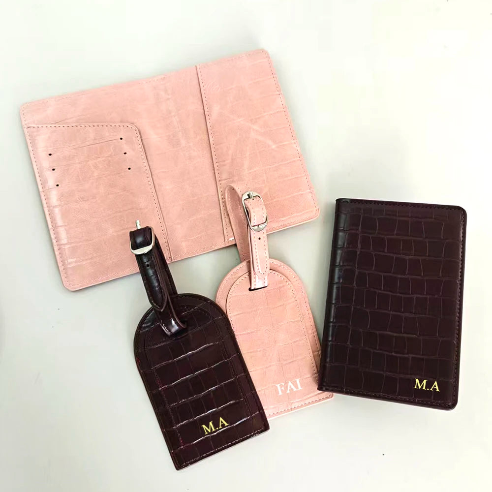 Crocodile Passport Cover Luggage Tag  Luxury Custom Letter Travel Accessories PU Leather Passport Holder Suitcase Name Label Set