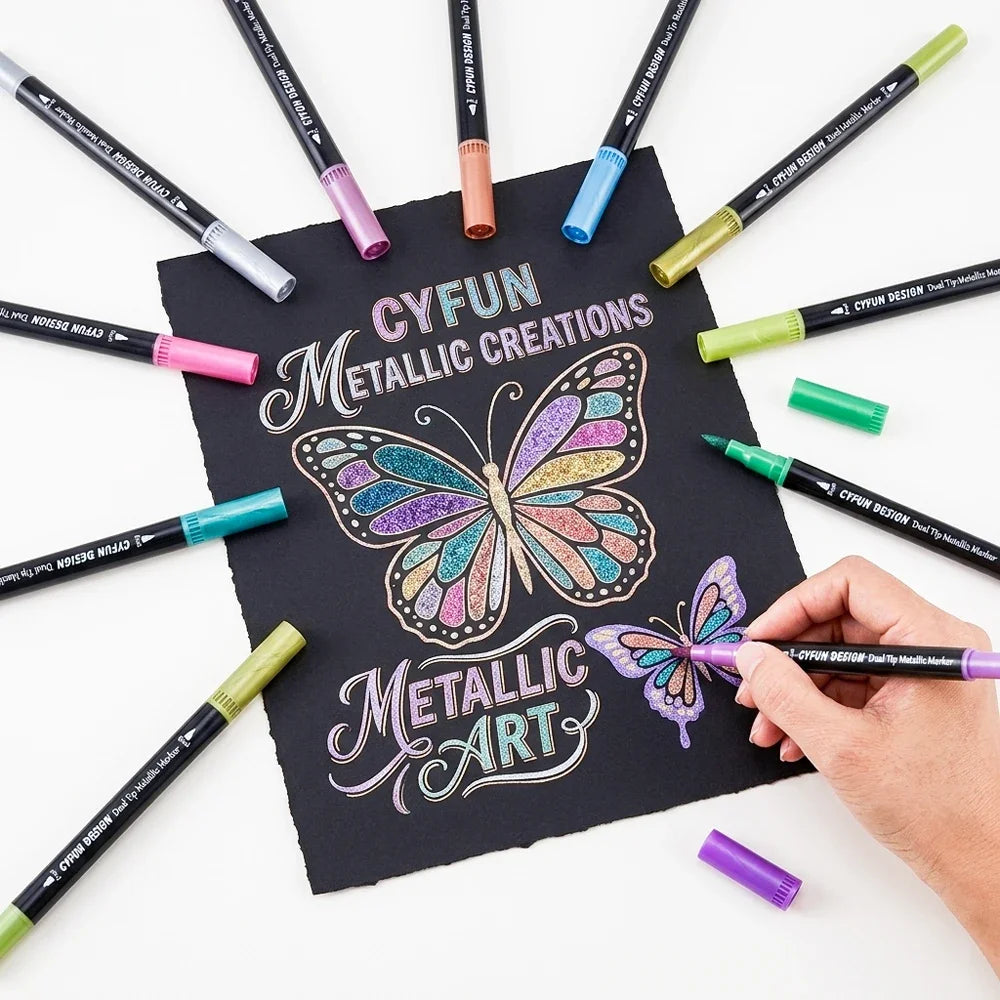 Dual-Tip Metallic Acrylic Markers 2 in1 Fine&Brush Tip Paint Pen for Black Paper,Rock Painting,Glass Craft,Card Making Scrapbook