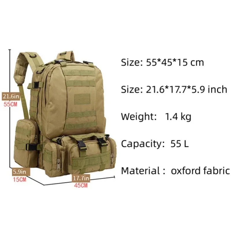 50L Tactical Backpack Men Waterproof 4 In1 Molle Sport Tactical Bag Outdoor Hiking Climbing Army Fishing Travel Laptop Backpacks