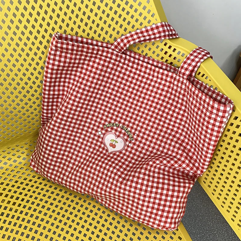 Retro Plaid Women's Portable Shopping Bags Eco Reusable Female Cotton Tote Shoulder Bag College Girls Book Handbags with Zipper
