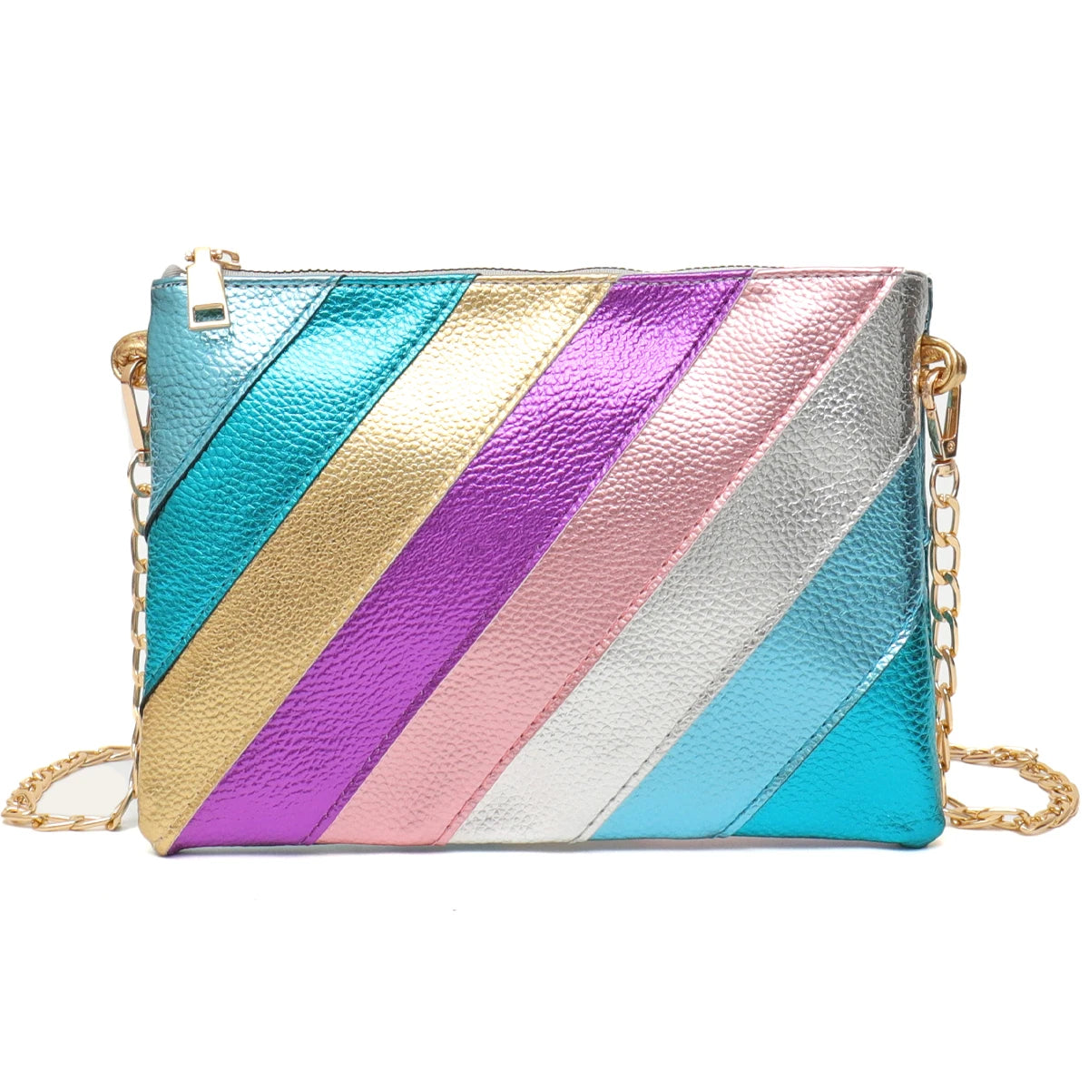 Luxury Funky Metallic Color Stripes PU Leather Handbag Women's Square Clutch Metal Chain Cross body Purse Fashion Y2K Party Prom