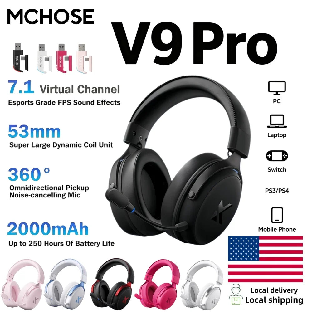 MCHOSE V9 Pro Wireless Headset 7.1 Surround Sound 53mm Gaming Headphones Noise Canceling Mic Low Latency Lightweight for PS5 PC SWITCH with Microphone