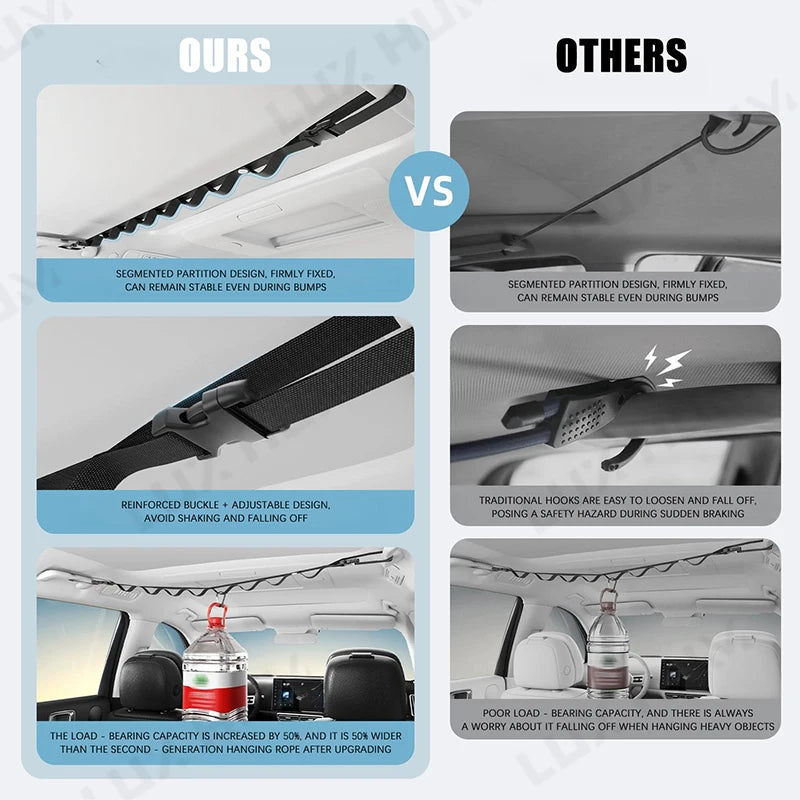 Portable Car Clothes Hanging Rope Multi-Functional Auto Interior Clothesline Organizer for Camping Travel Large Load-Bearing