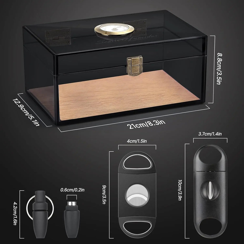 Acrylic Humidor - Cigar Box With Hygrometer, Humidifier & Accessories, Holds 20 Cigars