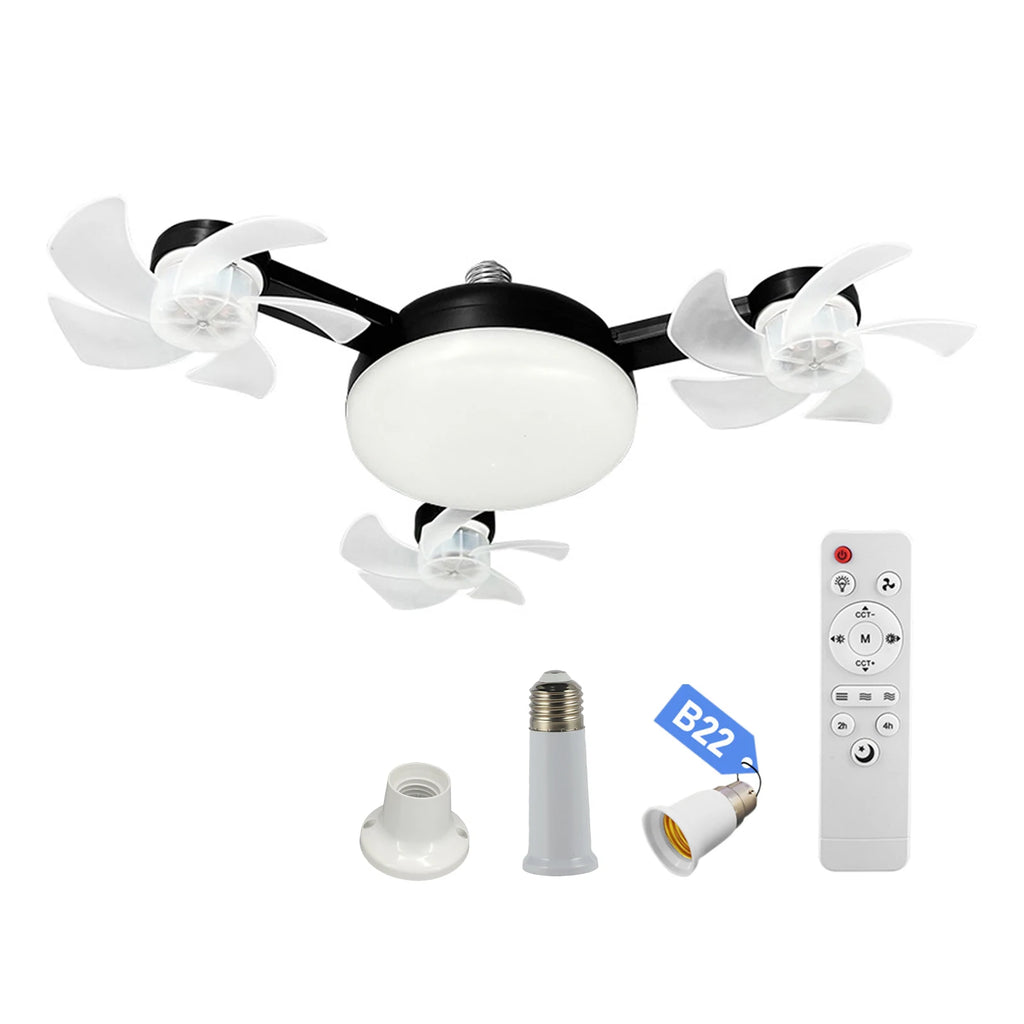E27 Screw in Ceiling Fan Light with Remote Control Socket Fan Light Drone Fan Dimmable 3Color Dimming for Bedroom Kitchen Garage