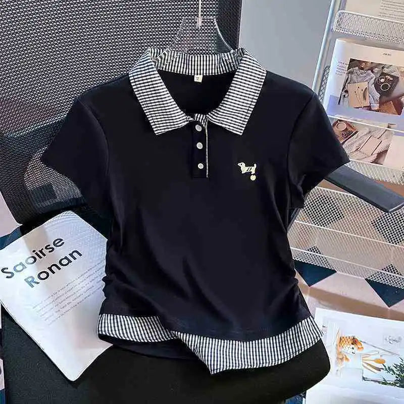 Summer Women's New Loose Casual Commuting Style Pattern Spliced Turn-down Collar Plus Size Short Sleeve T-shirt
