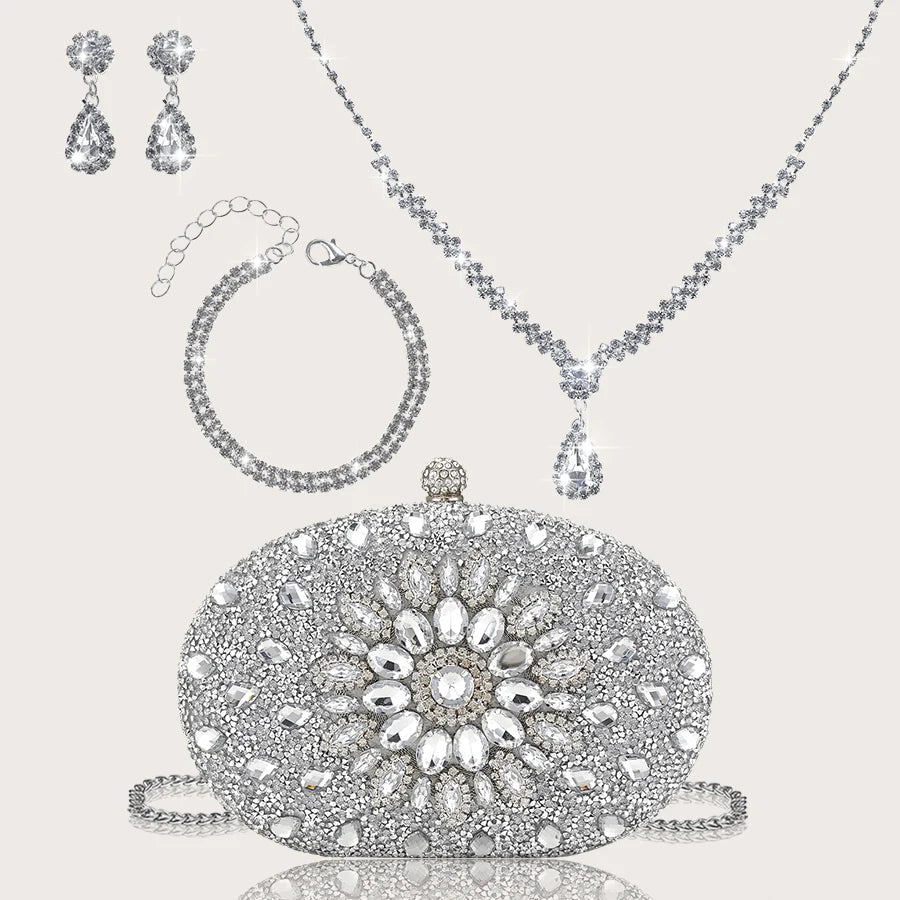 Gorgeous and Elegant, Sparkling Hot-Selling Rhinestone Box Party Clutch, Luxurious and Romantic White Bridal Wedding Bag, Fashionable and Trendy Women's Business Bag and Evening Bag, Paired with a Set of Four Exquisite and Ch