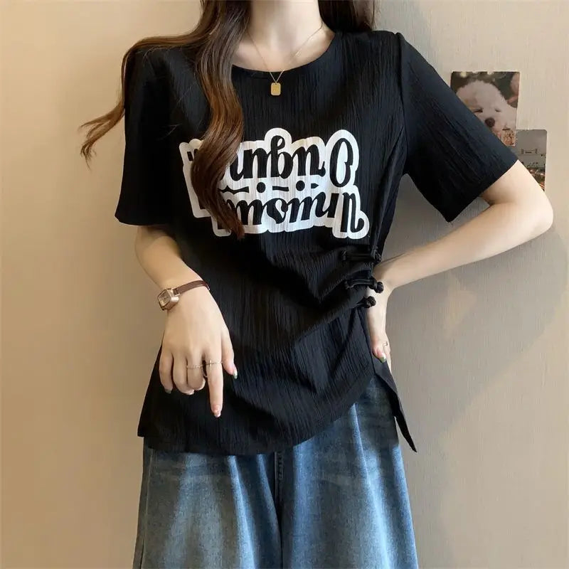 Summer large-size women's clothing is popular, waist and thin irregular buckle design printed short-sleeved T-shirt