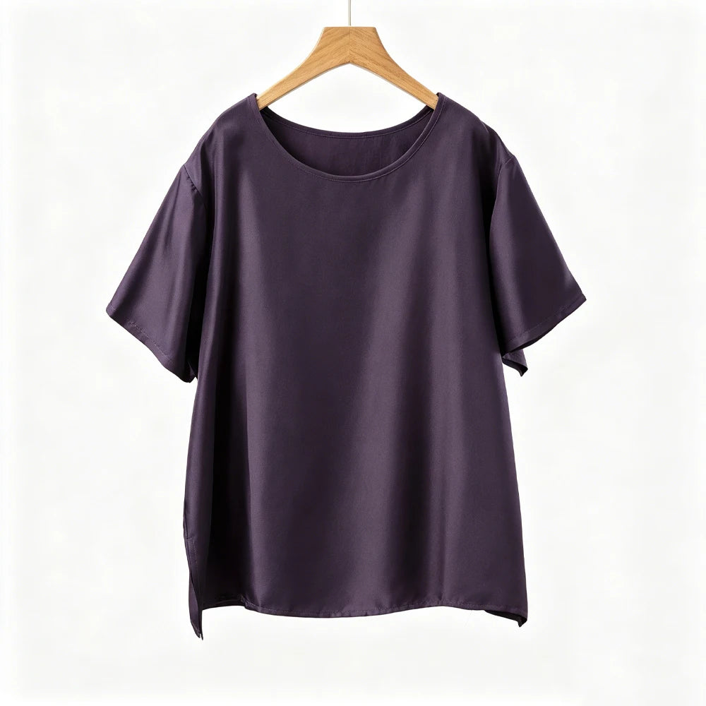 Plus Size Women's Casual Summer New Purple 100% Natural Mulberry Silk Twill Silk Skin Friendly Round Neck Short Sleeved T-shirt