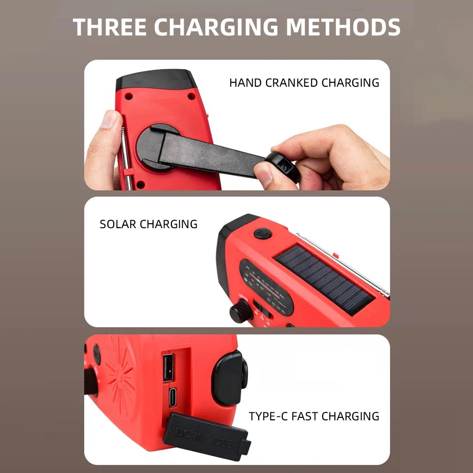 Multi-Functional Hand-cranked Power Generator Radio Solar Flashlight Outdoor Combat Disaster Prevention FM AM WB NOAA Power Bank