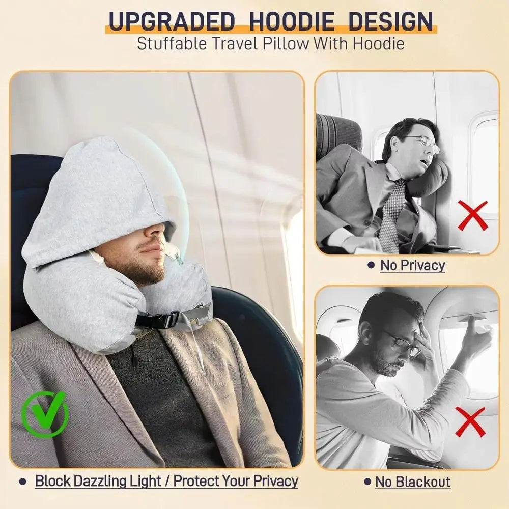 Fillable Travel Neck Pillow Neck Support with Hood Nap Pillow Adjustable with Storage Pouch Airplane Neck Pillow