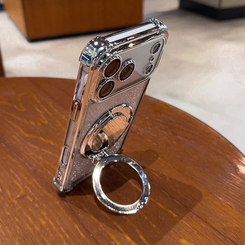 Glitter Shockproof Mirror Magnetic Bracket Case For iPhone 17 Air 16 15 14 Plus 13 12 11 Pro Max Plating For Magsafe Soft Cover