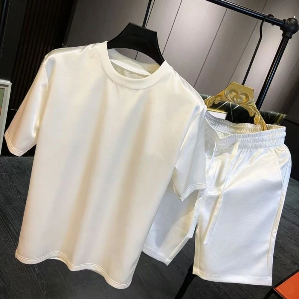 Mens Acetate Fiber Satin Casual T-Shirt Shorts Two-Piece Sets Daily Outdoor Simple Hip-Hop Plain Sets Men'S Clothing 2026 New