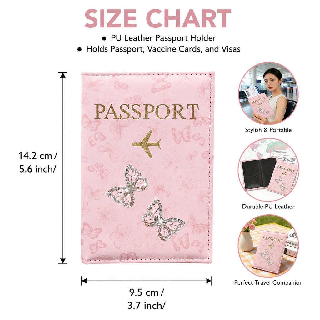 Pink Butterfly PU Leather Passport Holder, Rhinestone Travel Wallet Cover with Card Slots for Women, Airport Vacation Gift