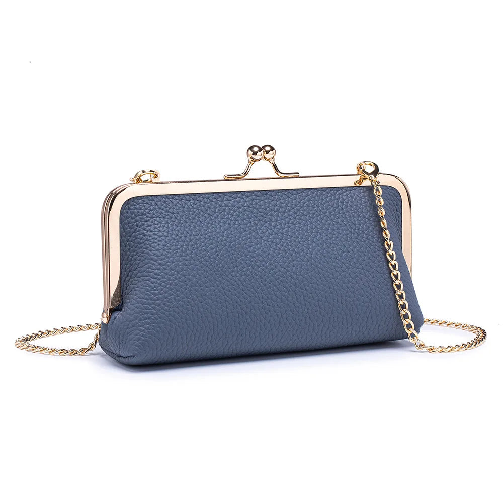 Women's Kiss Lock Clutch Bag, Top Grain Genuine Leather Wallet Large Capacity Travel Clutches with Detachable Chain Strap