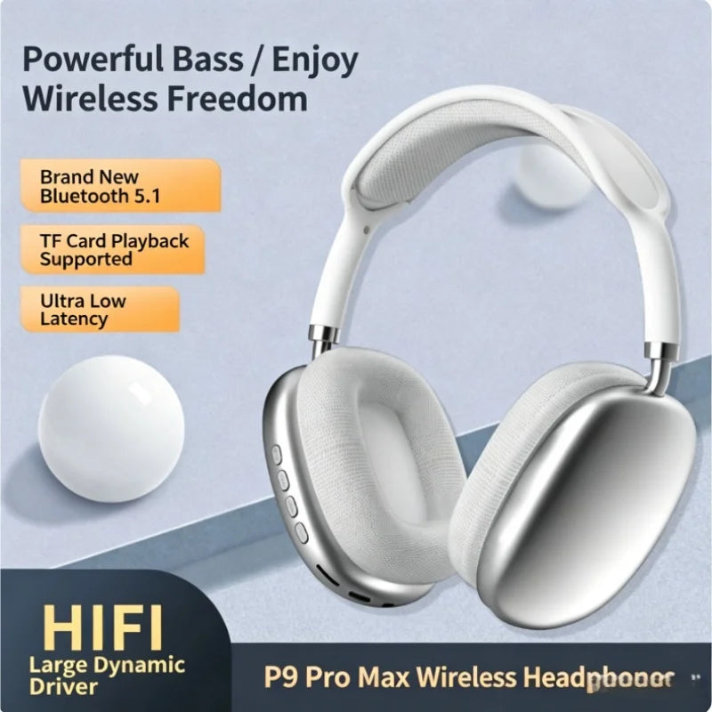 P9 Plus Max Overhead Wireless Bluetooth Earphones Noise-Canceling Long Standby Card-Slot Large Cushioned Ear Covers for Comfort