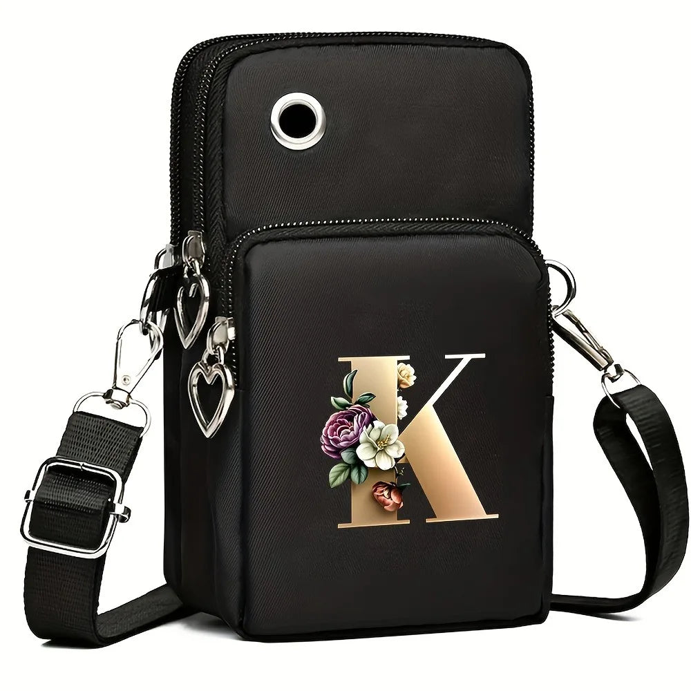 Fashion A-Z Letter Print Women's Crossbody Bag Large Capacity Three-Layer Zipper Phone Bag Daily Travel Coin Purse
