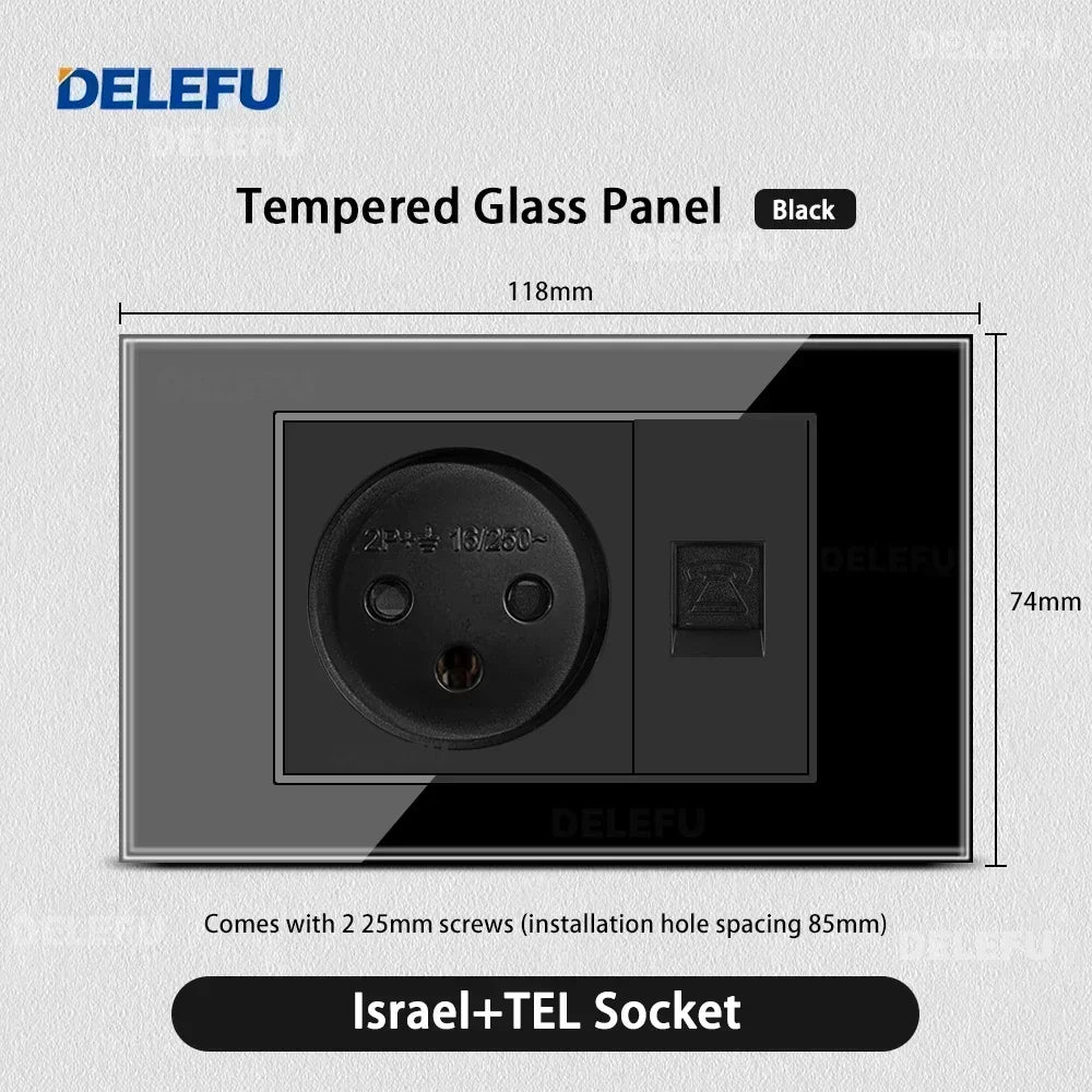 DELEFU Black Tempered Glass Israel USB Type C Fast Charging Wall Socket Light Tuya Wifi Smart Switch Sat TV Tel Doorbell Curtain