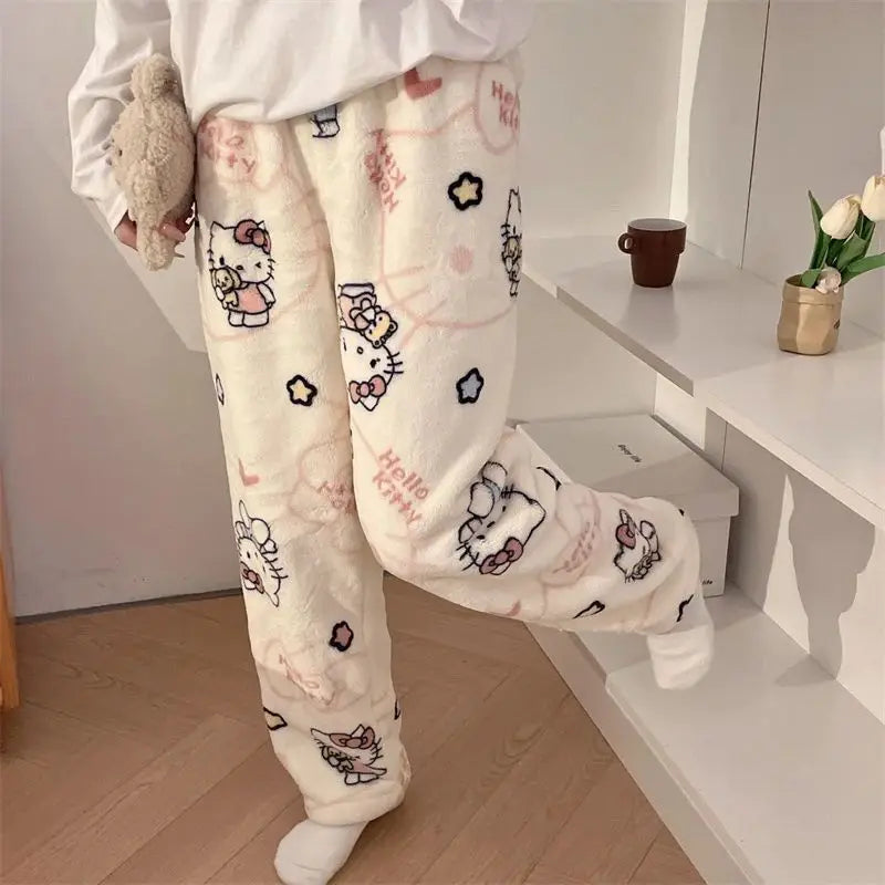 New Autumn Winter Flannel Popular Hello Kitty Pajama Pants Thickened Velvet Warm Casual Cartoon Home Pants Casual Comfortable