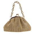 2026 new vacation straw women clutch, light brown herringbone textured pleated cloud bag shape. Rose gold bead metal frame buckl